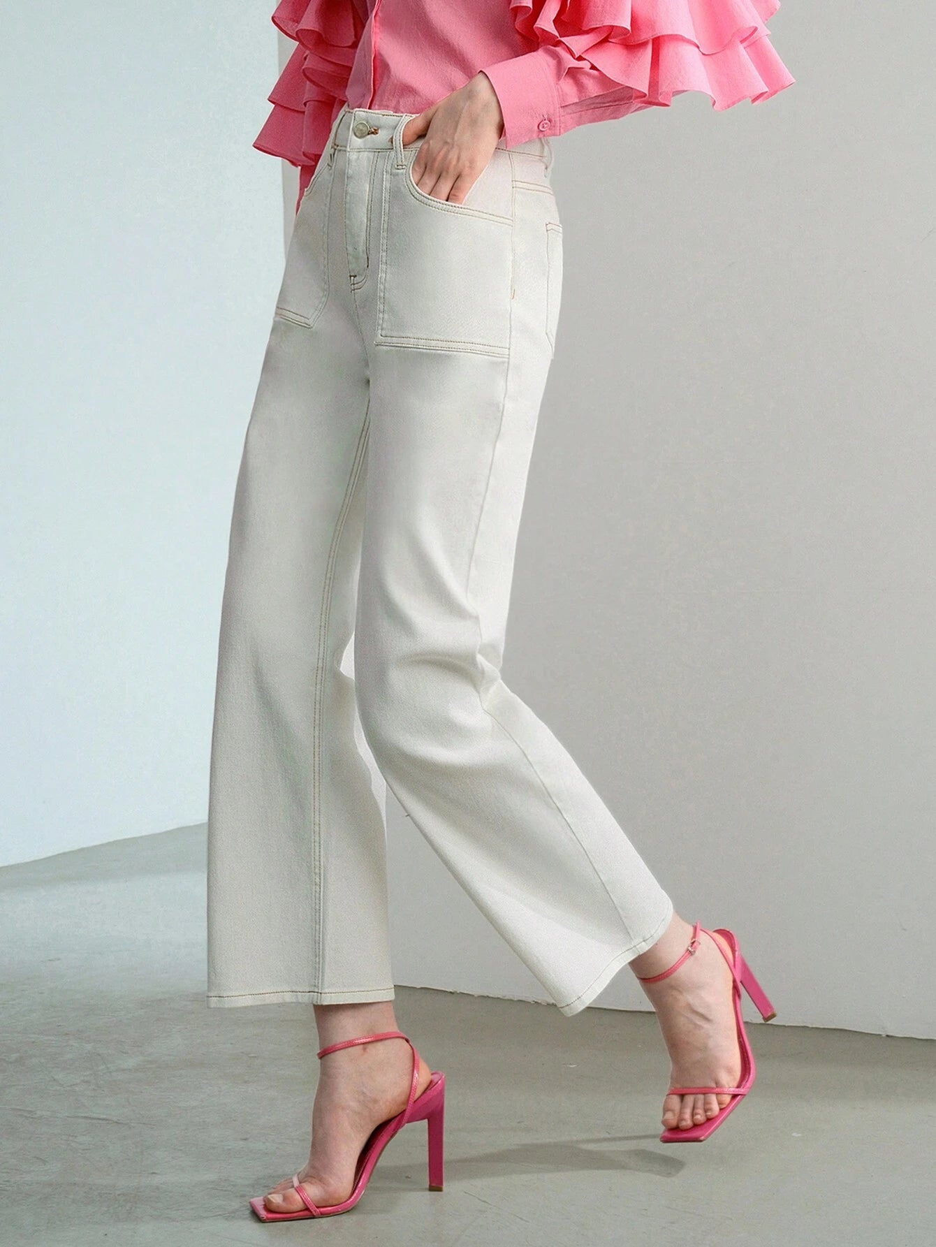 MOTF STUDIO SOLID SLANT POCKET STRAIGHT LEG JEANS shein