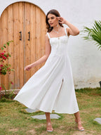 PARTHEA Tie Front Slit Thigh Boning Ruched Cami Bodycon Long Dress shein
