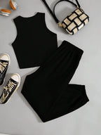 EZwear Ladies' Solid Color Vest And Letter Print Shorts Set shein