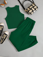 EZwear Ladies' Solid Color Vest And Letter Print Shorts Set shein