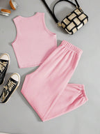 EZwear Ladies' Solid Color Vest And Letter Print Shorts Set shein