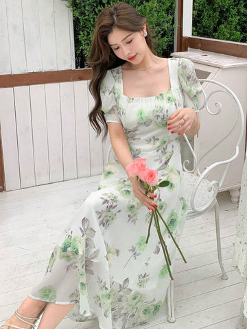 DAZY Elegant Floral Print Square Neck Puff Sleeve Dress shein