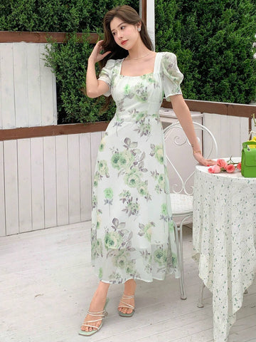 DAZY Elegant Floral Print Square Neck Puff Sleeve Dress shein