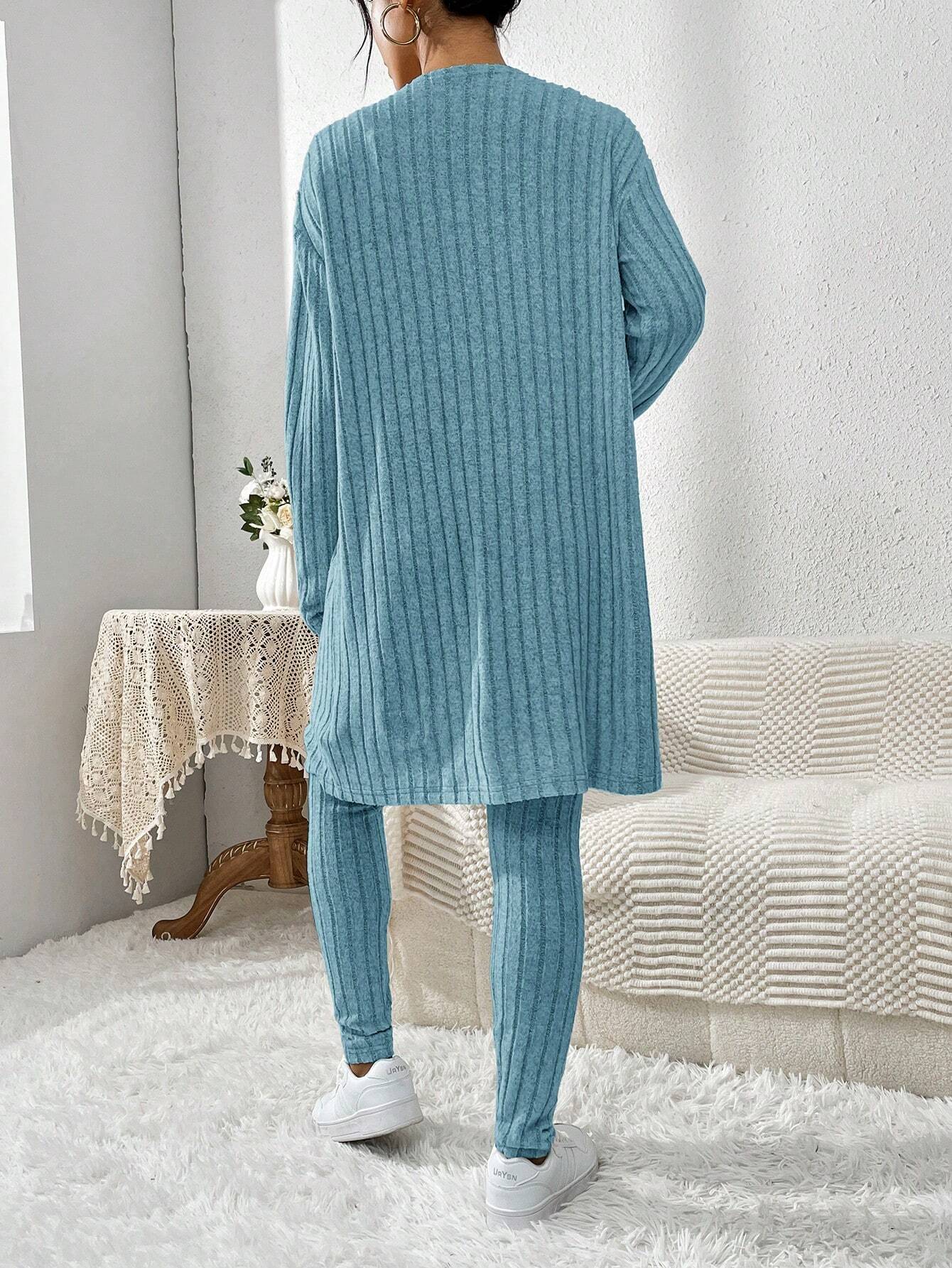 Essnce Women'S Ribbed Cardigan With Long Sleeves, Camisole, Drawstring Waist Pants Set shein