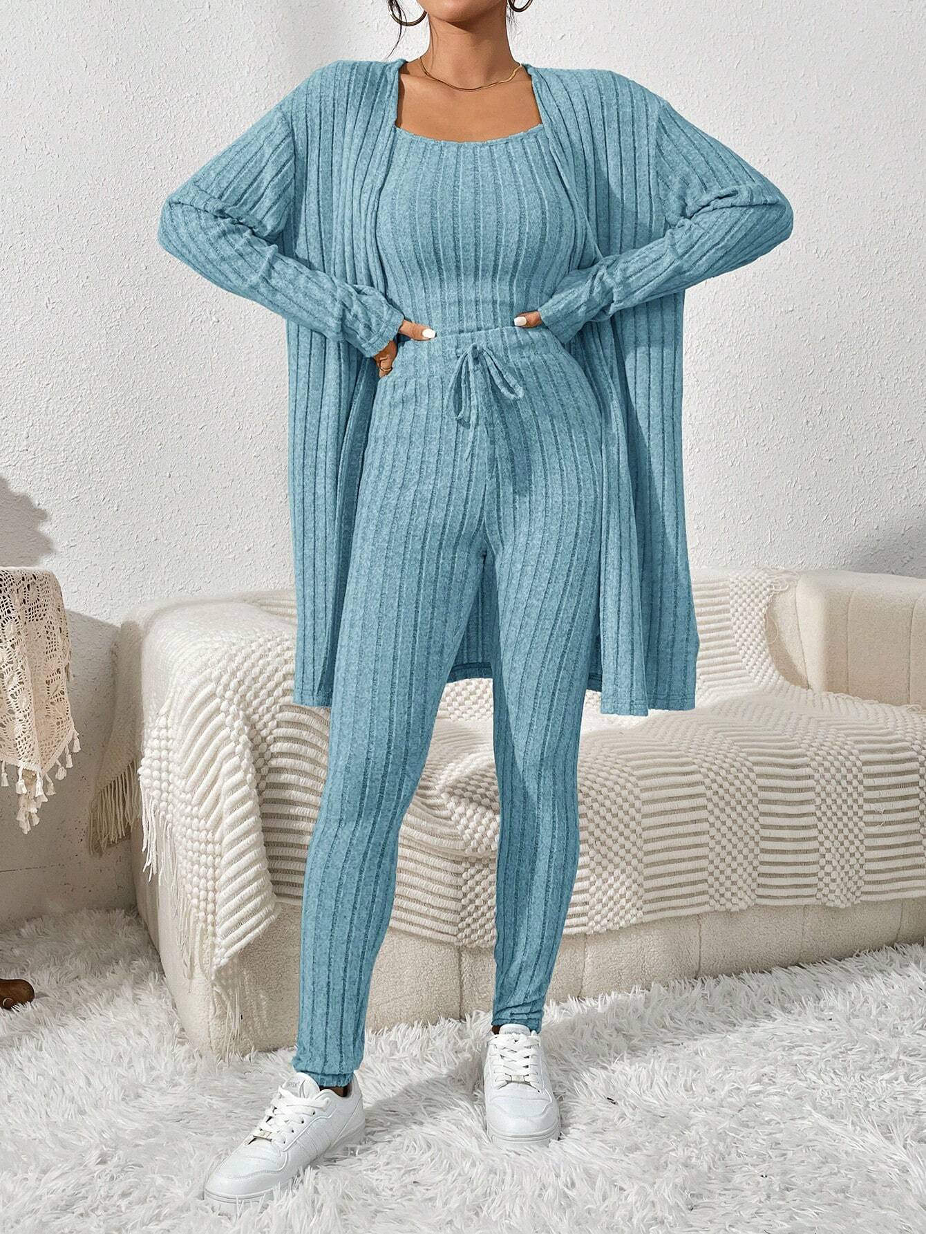 Essnce Women'S Ribbed Cardigan With Long Sleeves, Camisole, Drawstring Waist Pants Set shein