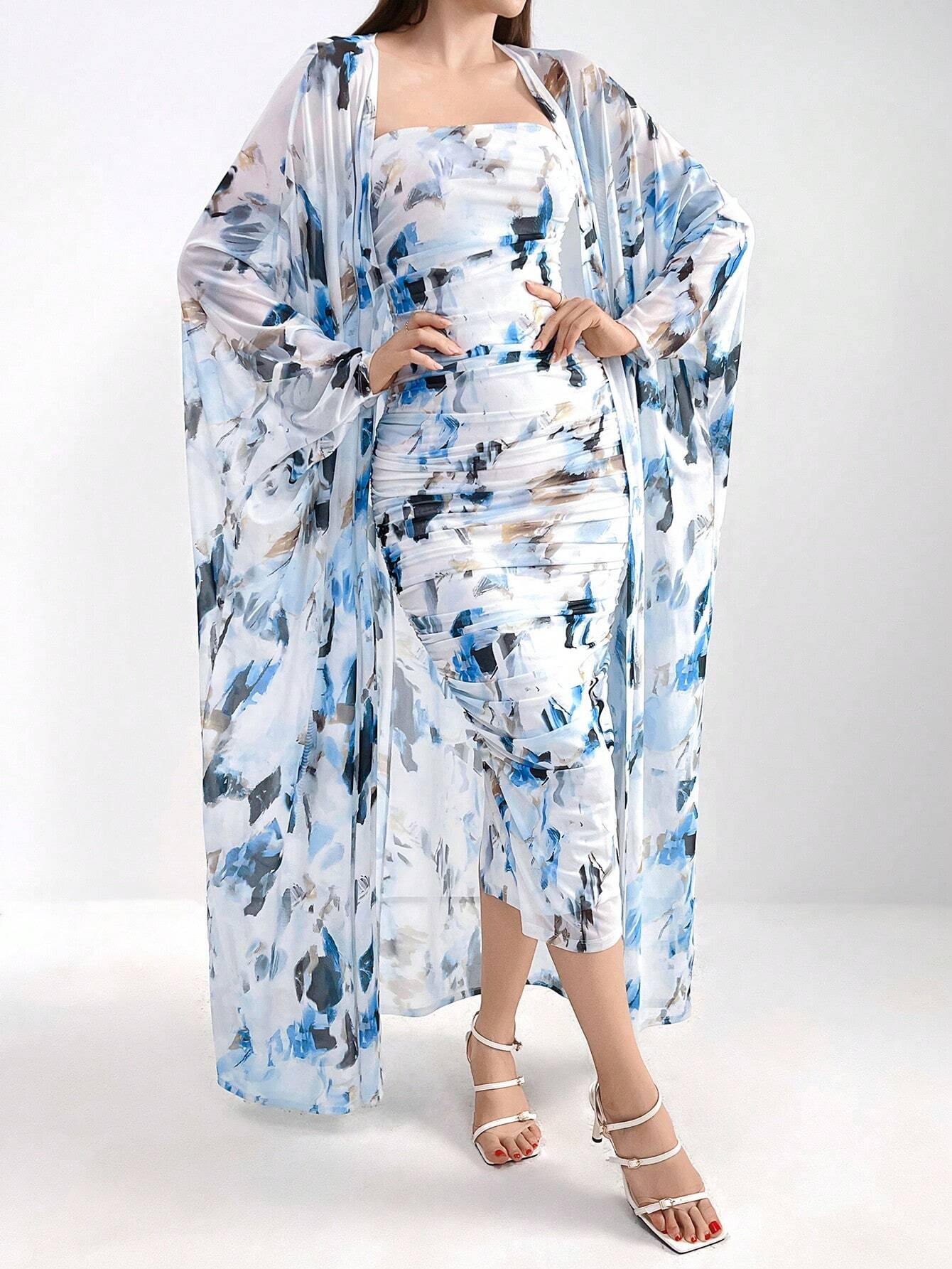 Modely Allover Print Tube Bodycon Dress & Open Front Coat shein