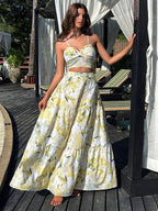 VCAY Floral Printed Spaghetti Strap Twist Front Sleeveless Top And Ruffled Hem Skirt shein