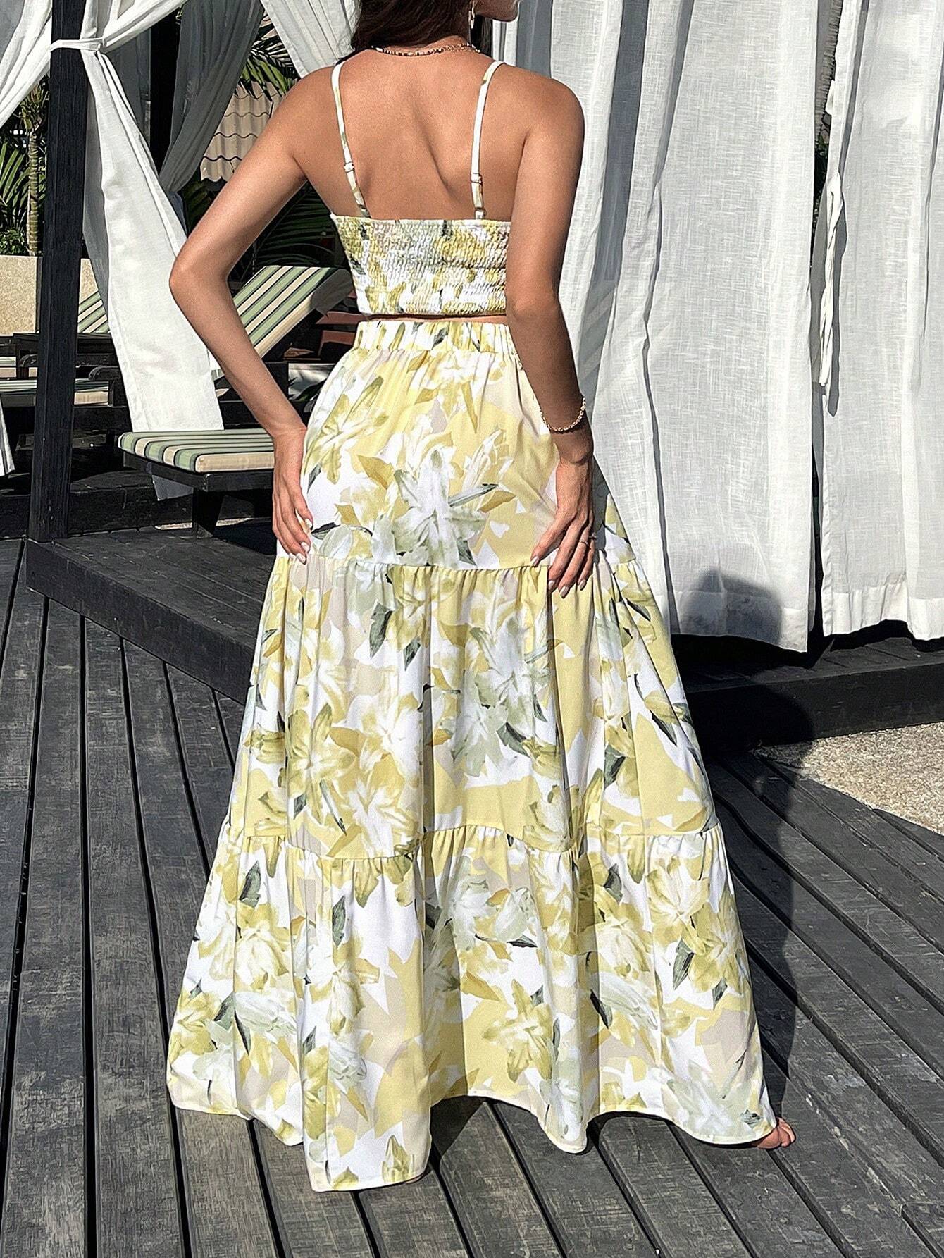 VCAY Floral Printed Spaghetti Strap Twist Front Sleeveless Top And Ruffled Hem Skirt shein