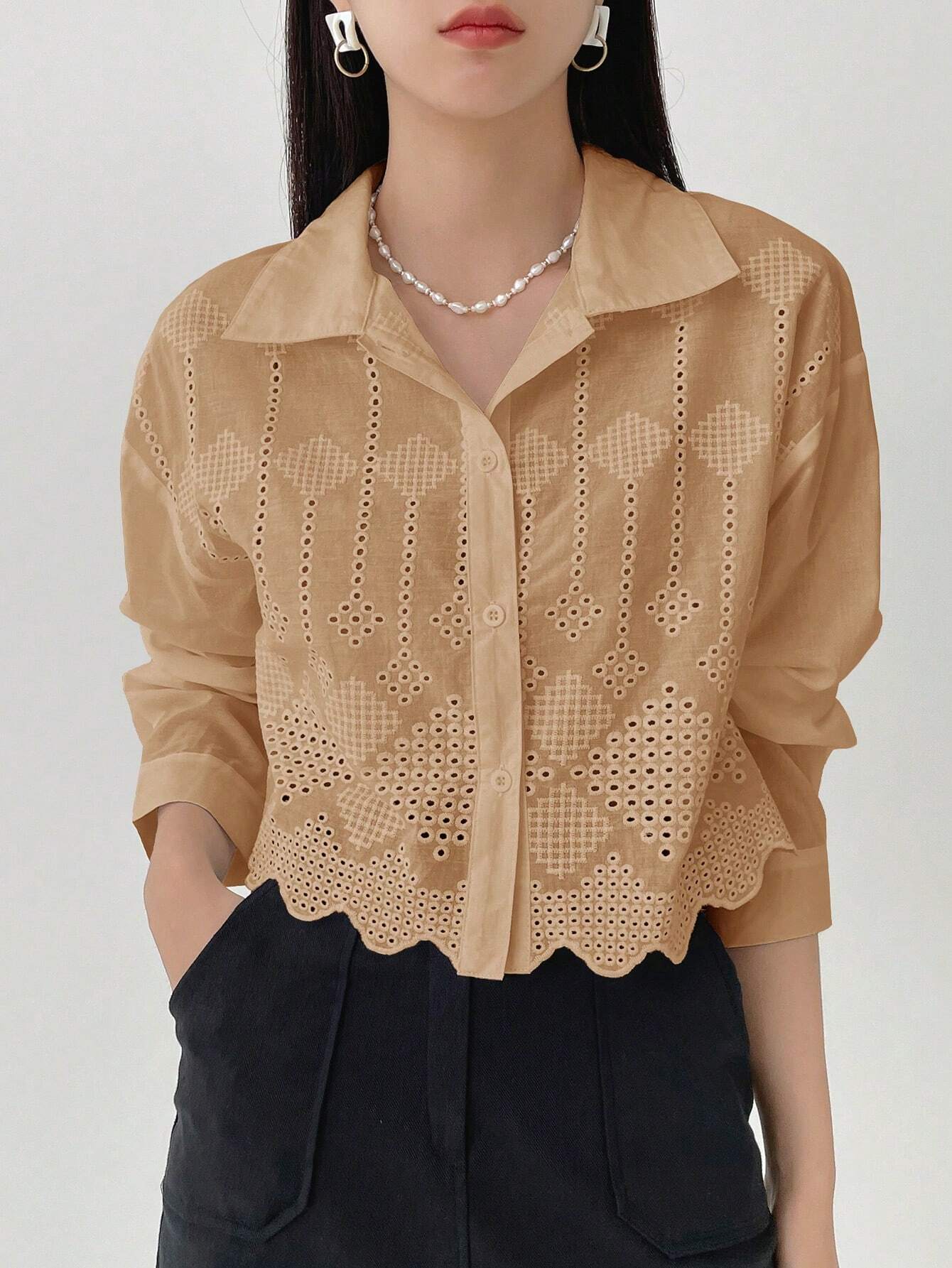 Dazy-Less Eyelet Embroidery Scallop Trim Shirt shein