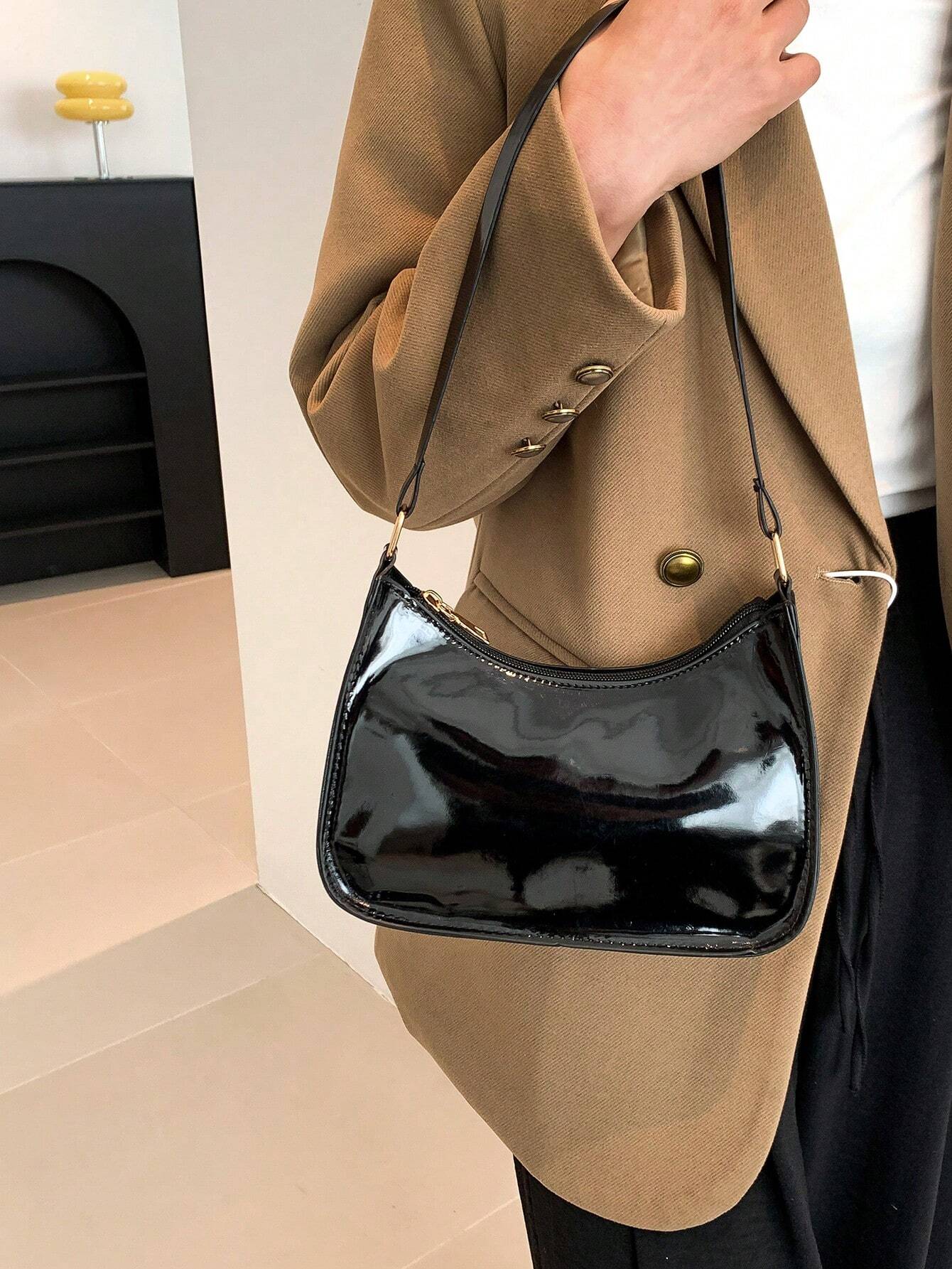 Fashion Women Handbag PU Leather Solid Color Casual Shoulder Bag With Texture shein