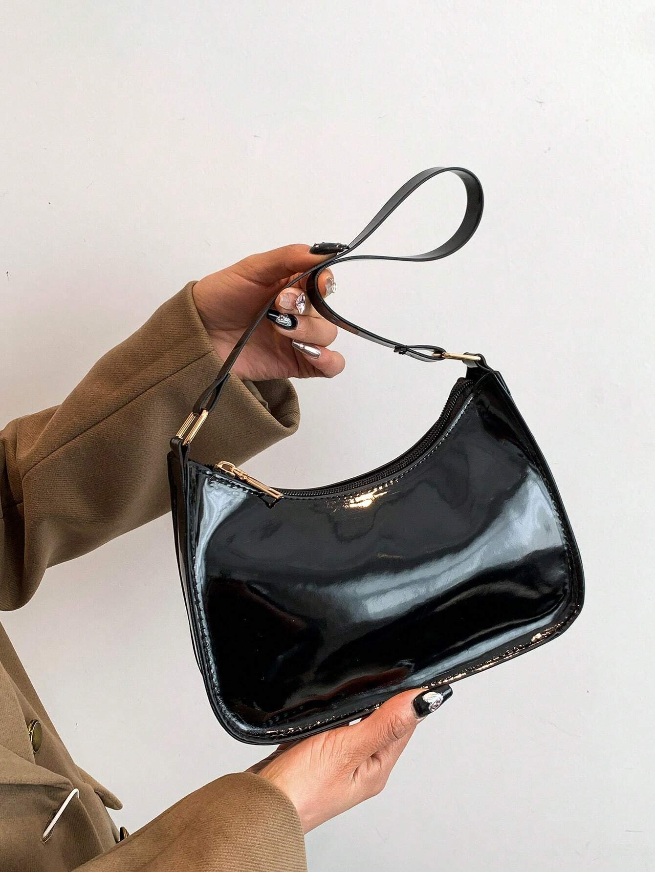 Fashion Women Handbag PU Leather Solid Color Casual Shoulder Bag With Texture shein