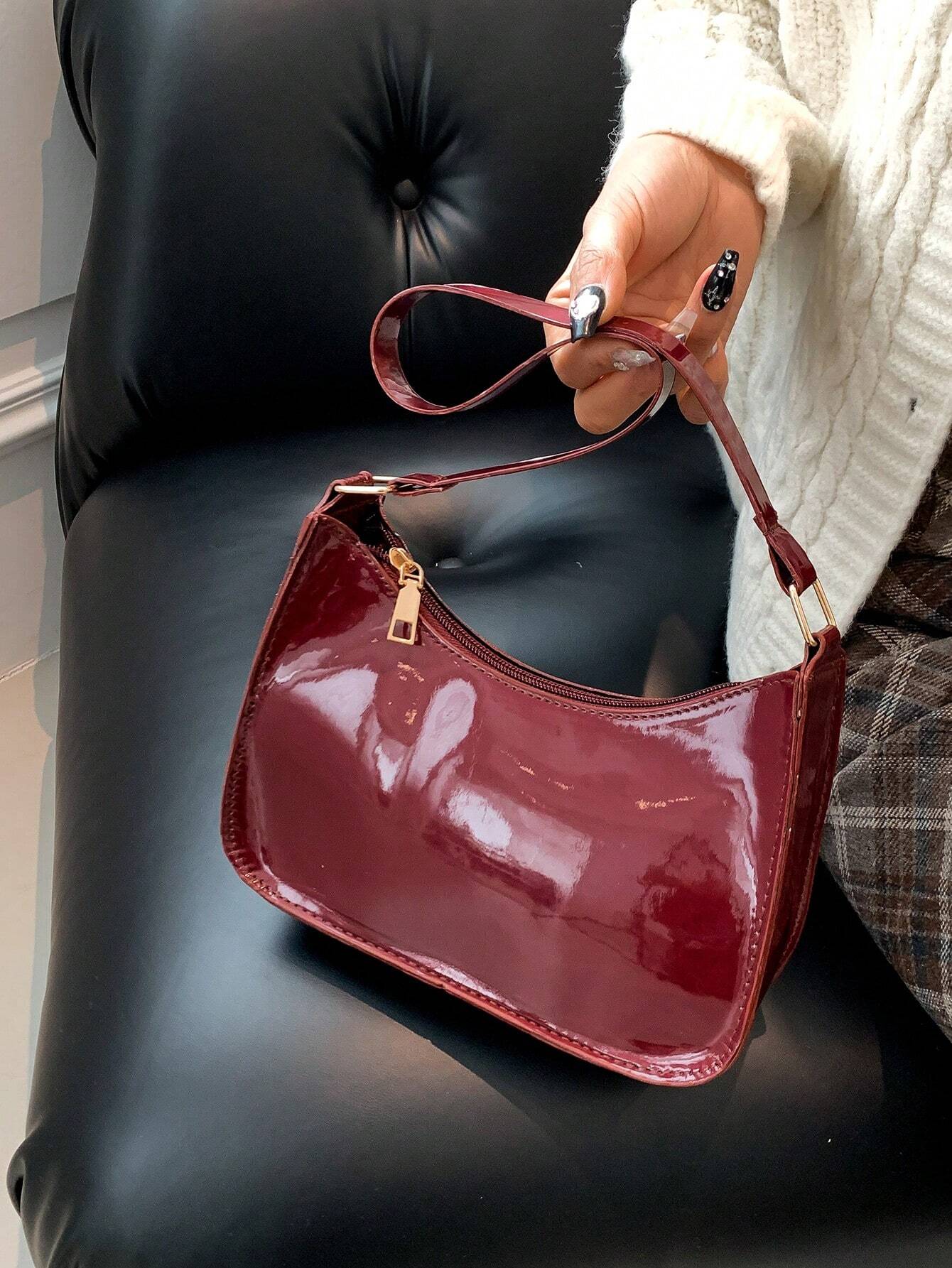 Fashion Women Handbag PU Leather Solid Color Casual Shoulder Bag With Texture shein