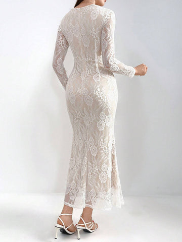 Modely Women's Solid Color Elegant Lace Decorated Long Sleeve Dress shein