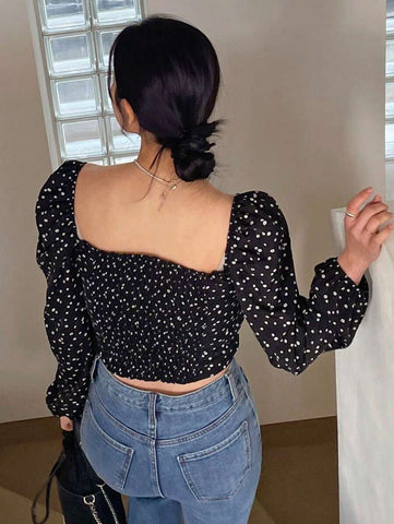 Elegant Polka Dot Print Lantern Sleeve Sweetheart Collar Blouse Floral