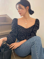 Elegant Polka Dot Print Lantern Sleeve Sweetheart Collar Blouse Floral shein