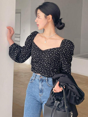 Elegant Polka Dot Print Lantern Sleeve Sweetheart Collar Blouse Floral