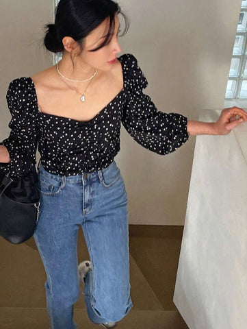 Elegant Polka Dot Print Lantern Sleeve Sweetheart Collar Blouse Floral