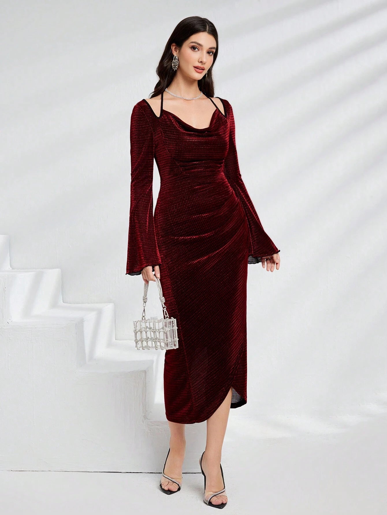 Modely Women's Elegant Wrap Draped Neck Bell Sleeve Dress shein