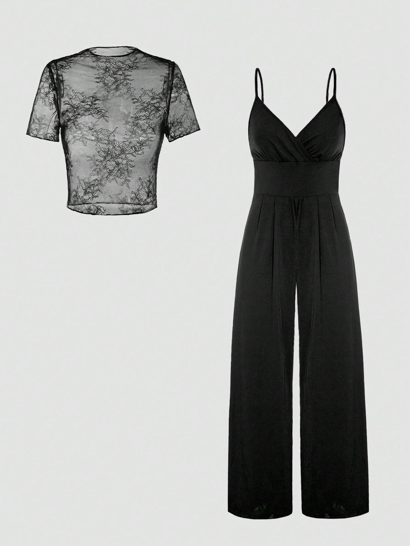 Unity Lace See-Through Camisole & Jumpsuit Set For Women shein
