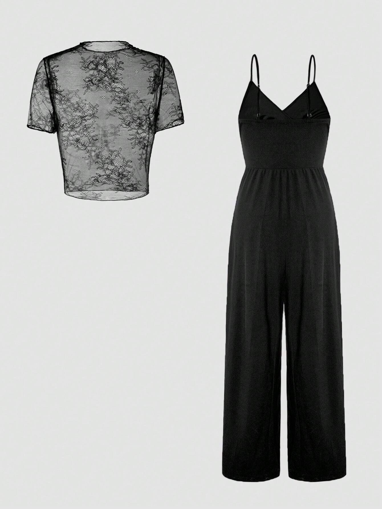 Unity Lace See-Through Camisole & Jumpsuit Set For Women shein