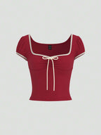 MOD Tomato Girl Summer Bow Puff Sleeve Women's Slim Fit T-Shirt shein