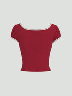 MOD Tomato Girl Summer Bow Puff Sleeve Women's Slim Fit T-Shirt shein