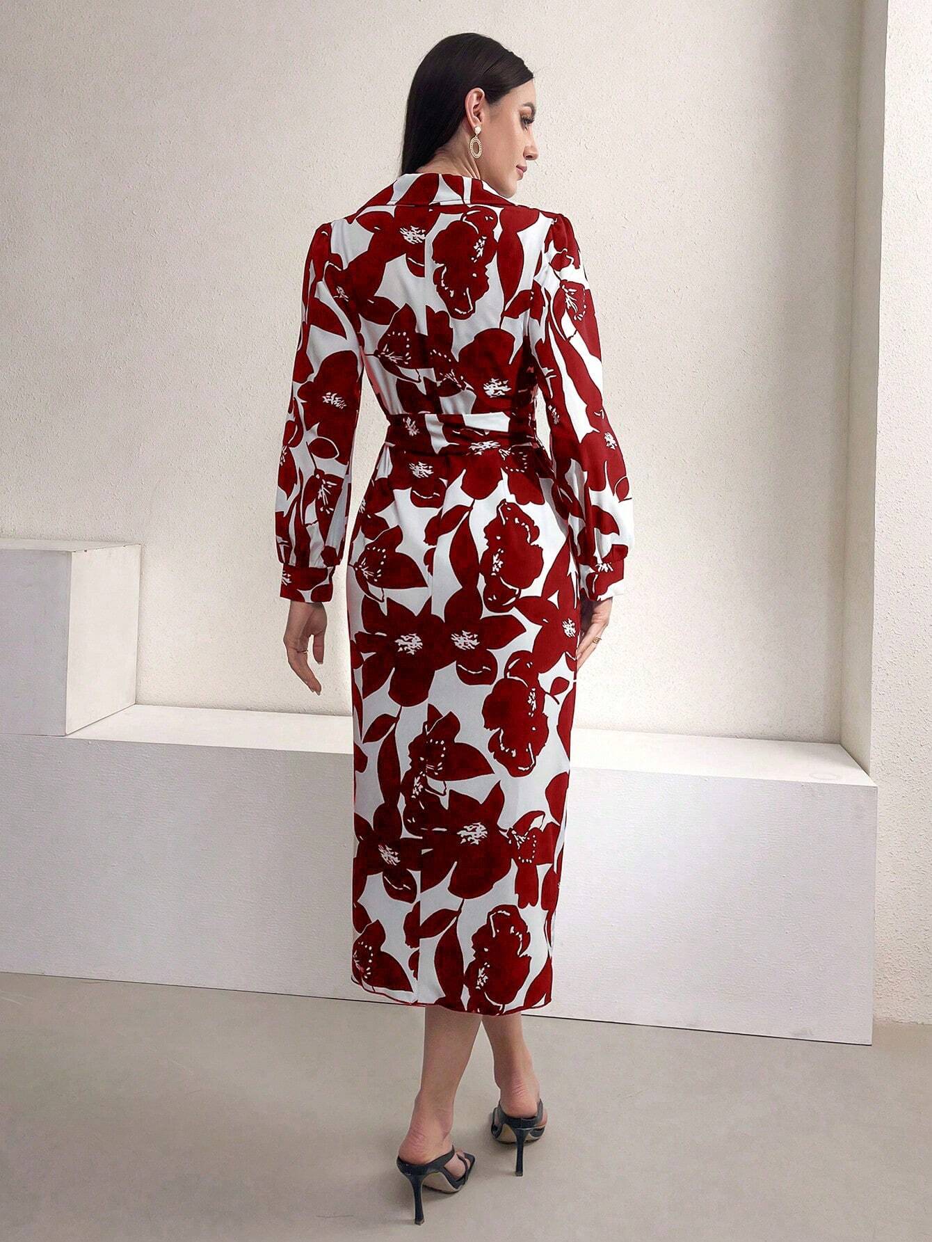 Mulvari Women's Floral Print Lantern Sleeve Dress Shein