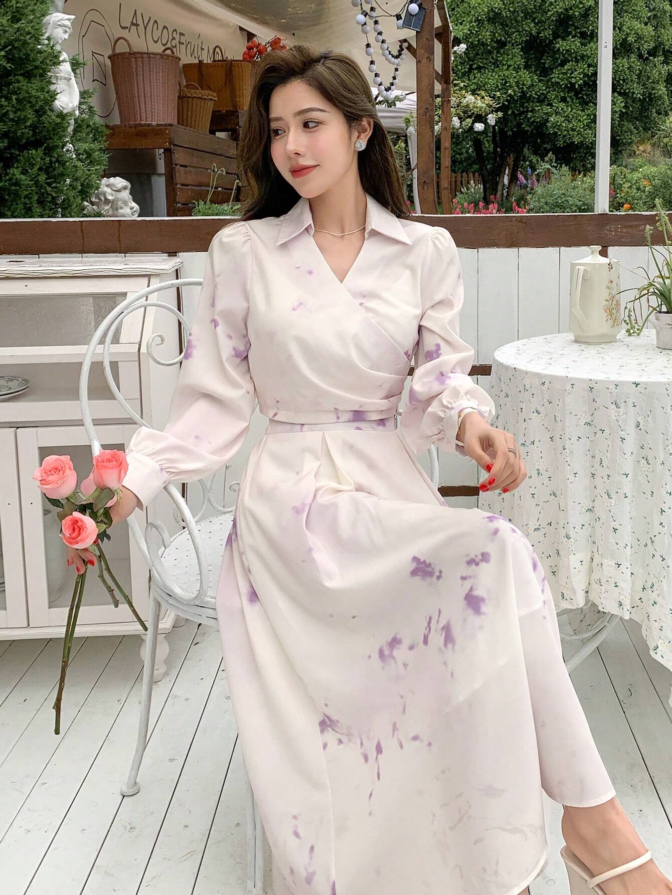 DAZY Women's Elegant Tie Dye Printed Wrap Shirt And Skirt Set shein
