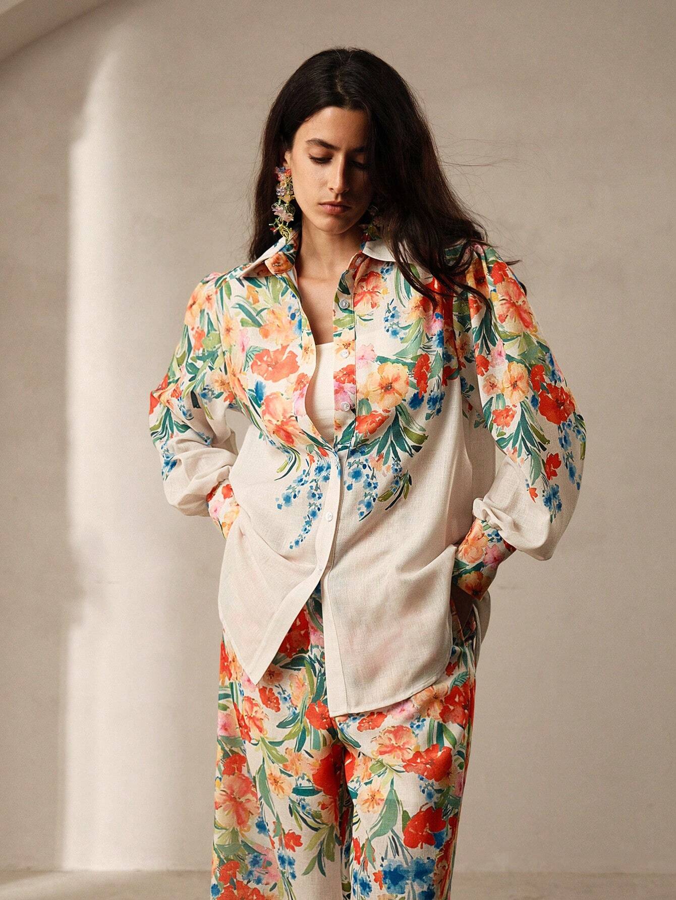 Anewsta Romantic Floral Print Women Shirt And Pants Two Piece Set shein