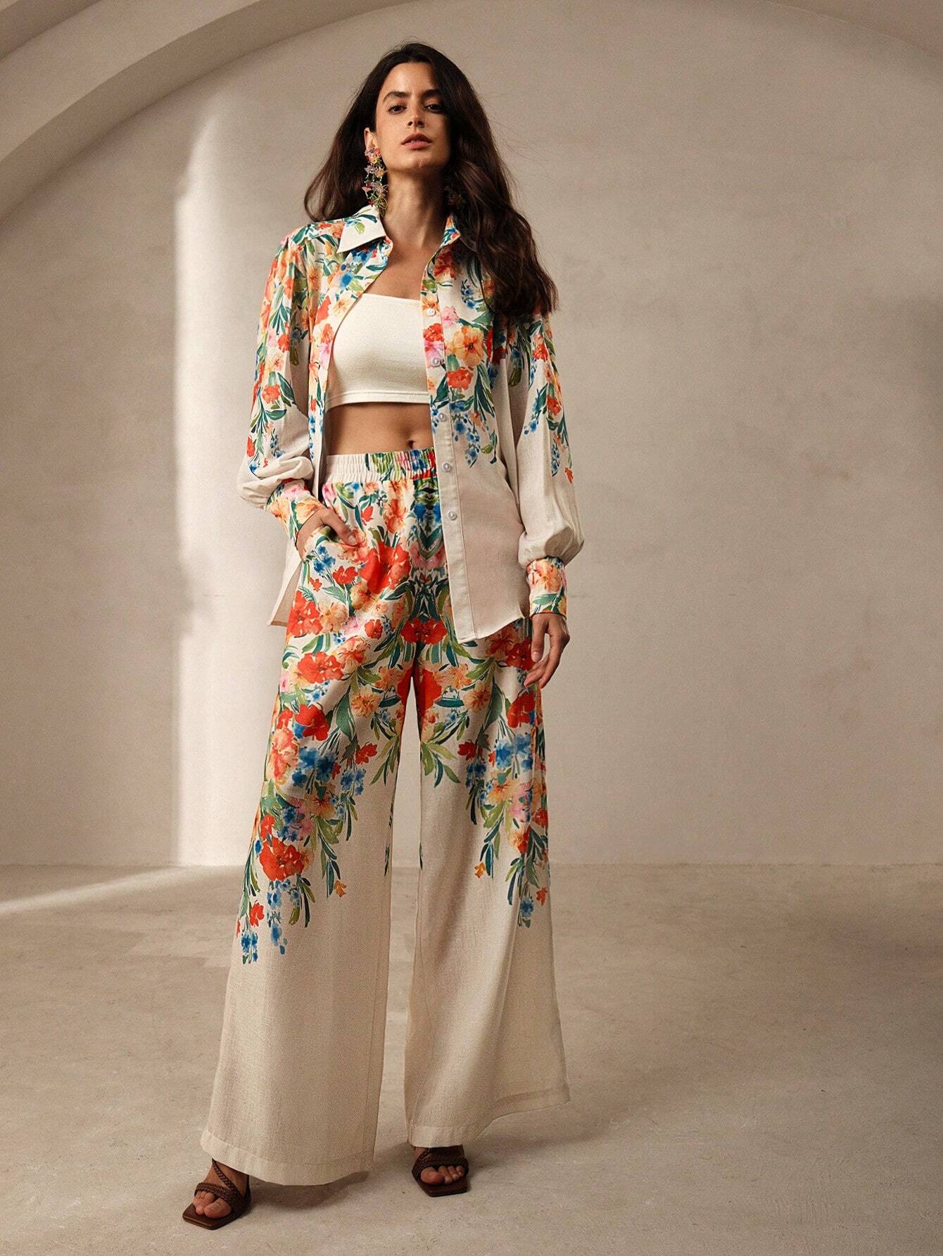 Anewsta Romantic Floral Print Women Shirt And Pants Two Piece Set shein