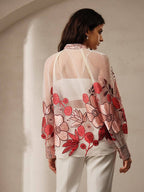 Anewsta Exquisite Flower Embroidery & Beaded Decorated Women Sheer Stand Collar Long Sleeve Shirt shein