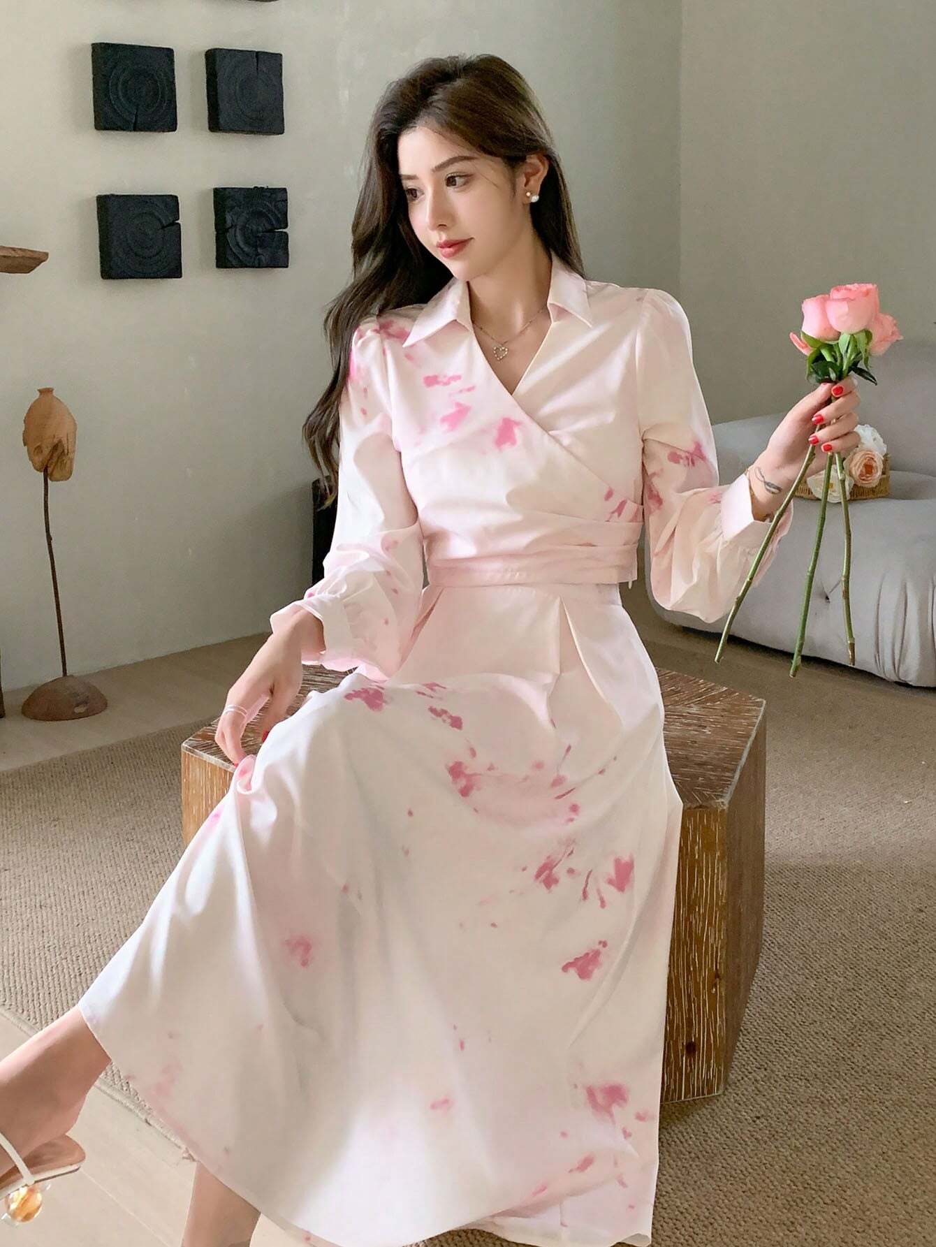 DAZY Women's Elegant Tie Dye Printed Wrap Shirt And Skirt Set shein