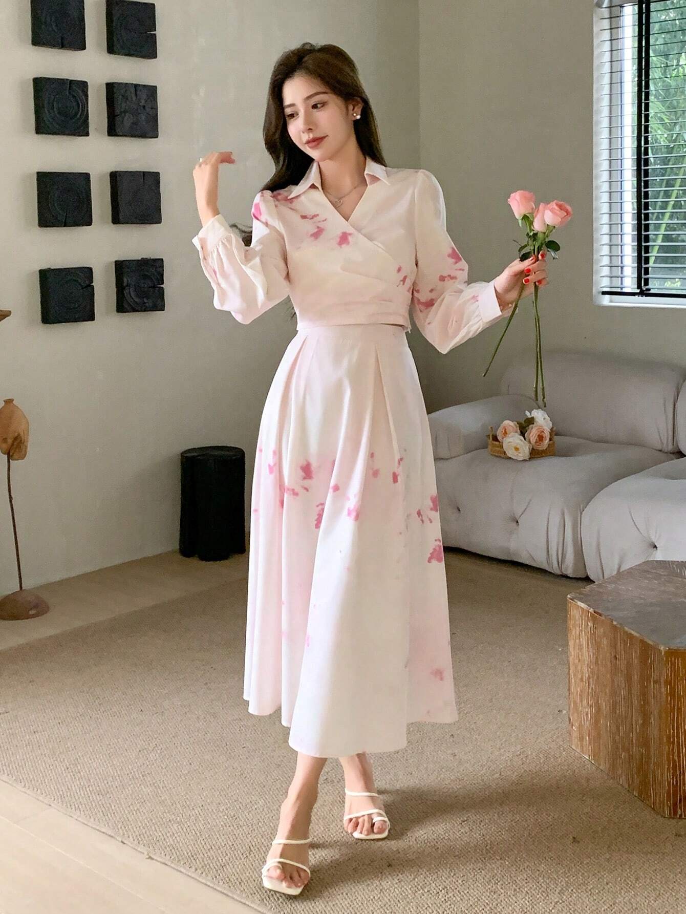 DAZY Women's Elegant Tie Dye Printed Wrap Shirt And Skirt Set shein