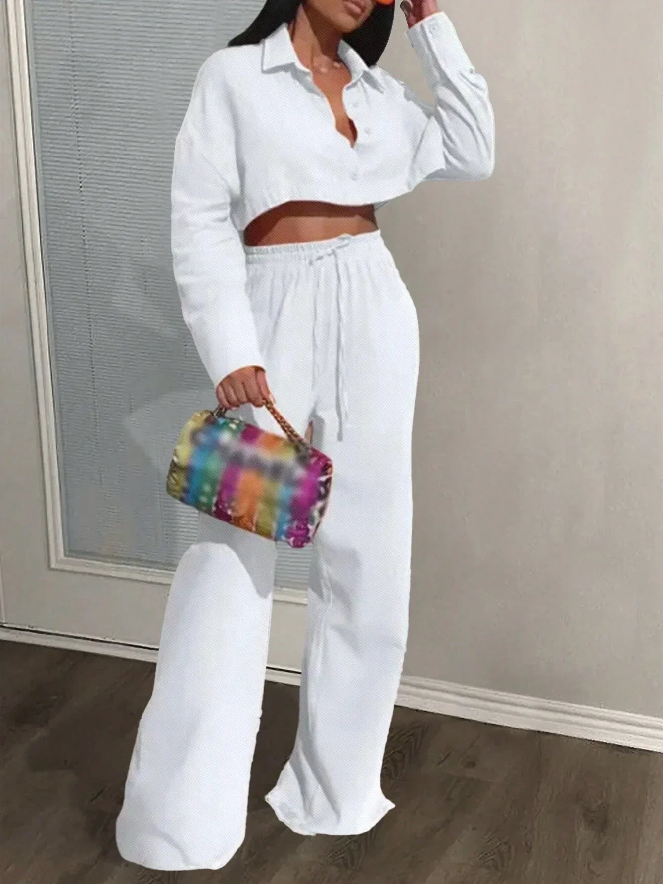 Slayr Casual Loose White Long Sleeve Cropped Shirt Top And Wide Leg Pants