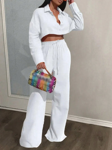 Slayr Casual Loose White Long Sleeve Cropped Shirt Top And Wide Leg Pants