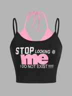 ICON Letter Printed 2 In 1 Casual Summer Cami Top, STOP LOOKING At Me I DO NOT EXIST shein