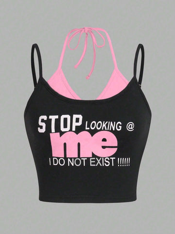 ICON Letter Printed 2 In 1 Casual Summer Cami Top, STOP LOOKING At Me I DO NOT EXIST shein