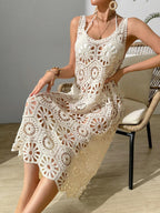 Swim Holiday Beach Solid Color Hollow Knitted Cover-Up Dress shein
