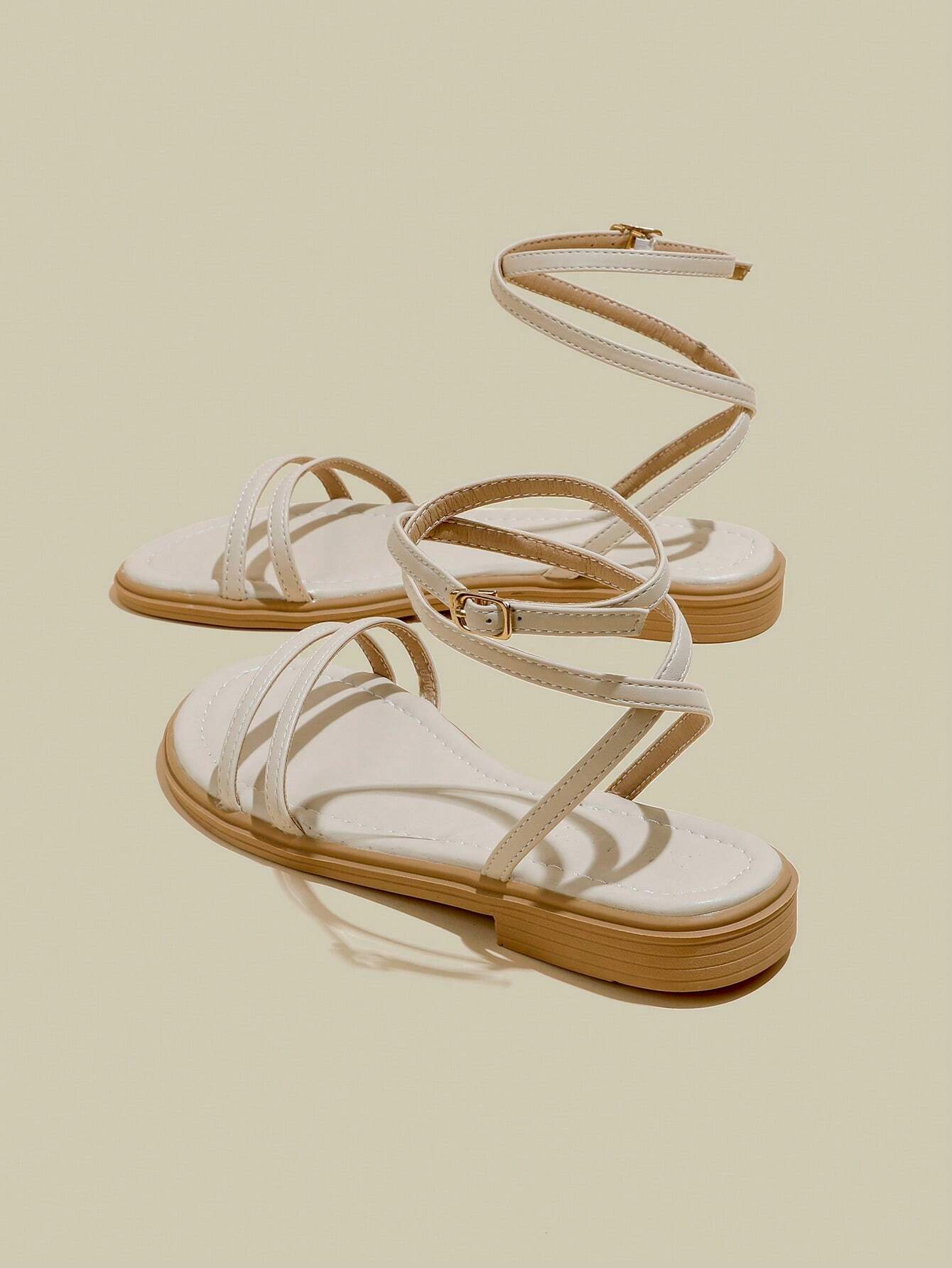 Women's Black Flat Sandals With Crossed Straps & Tie-Up Laces shein