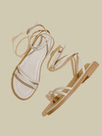 Women's Black Flat Sandals With Crossed Straps & Tie-Up Laces shein