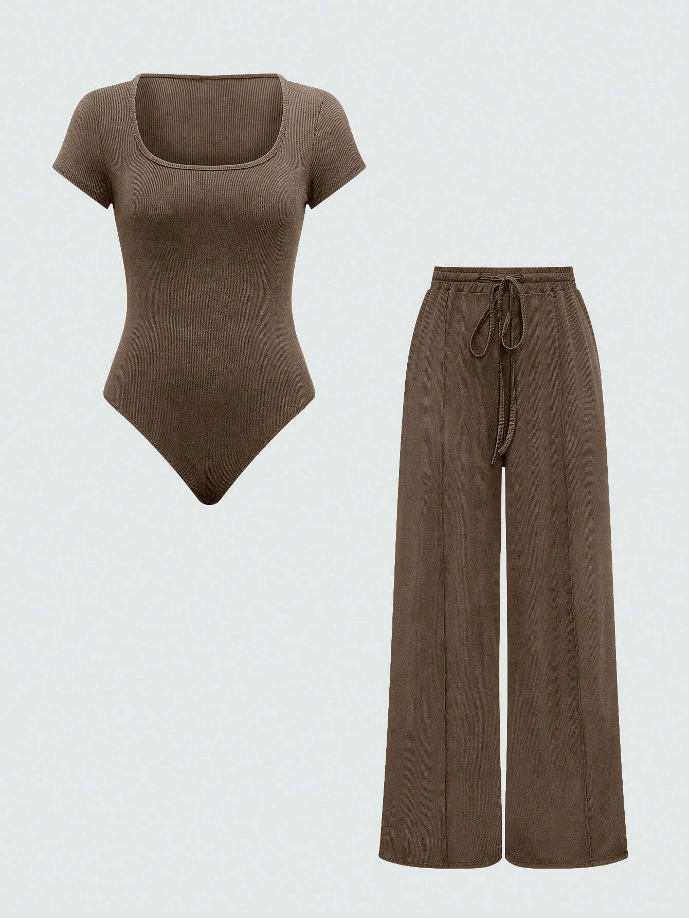 EZwear Plain Color Asymmetric Hem Top And Pants Two Piece Set shein