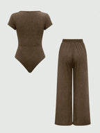 EZwear Plain Color Asymmetric Hem Top And Pants Two Piece Set shein