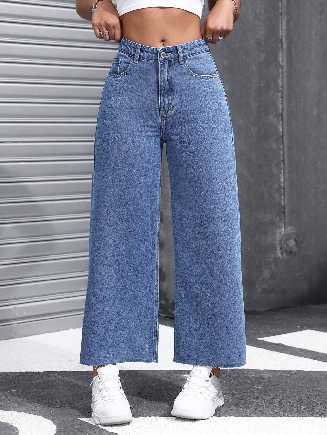 EZwear Women's Casual Daily Wear Wide Leg Denim Pants shein