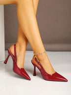 Women's Pointed Toe Fashion Button Detail Patent Leather Slip-On Heeled Pumps shein