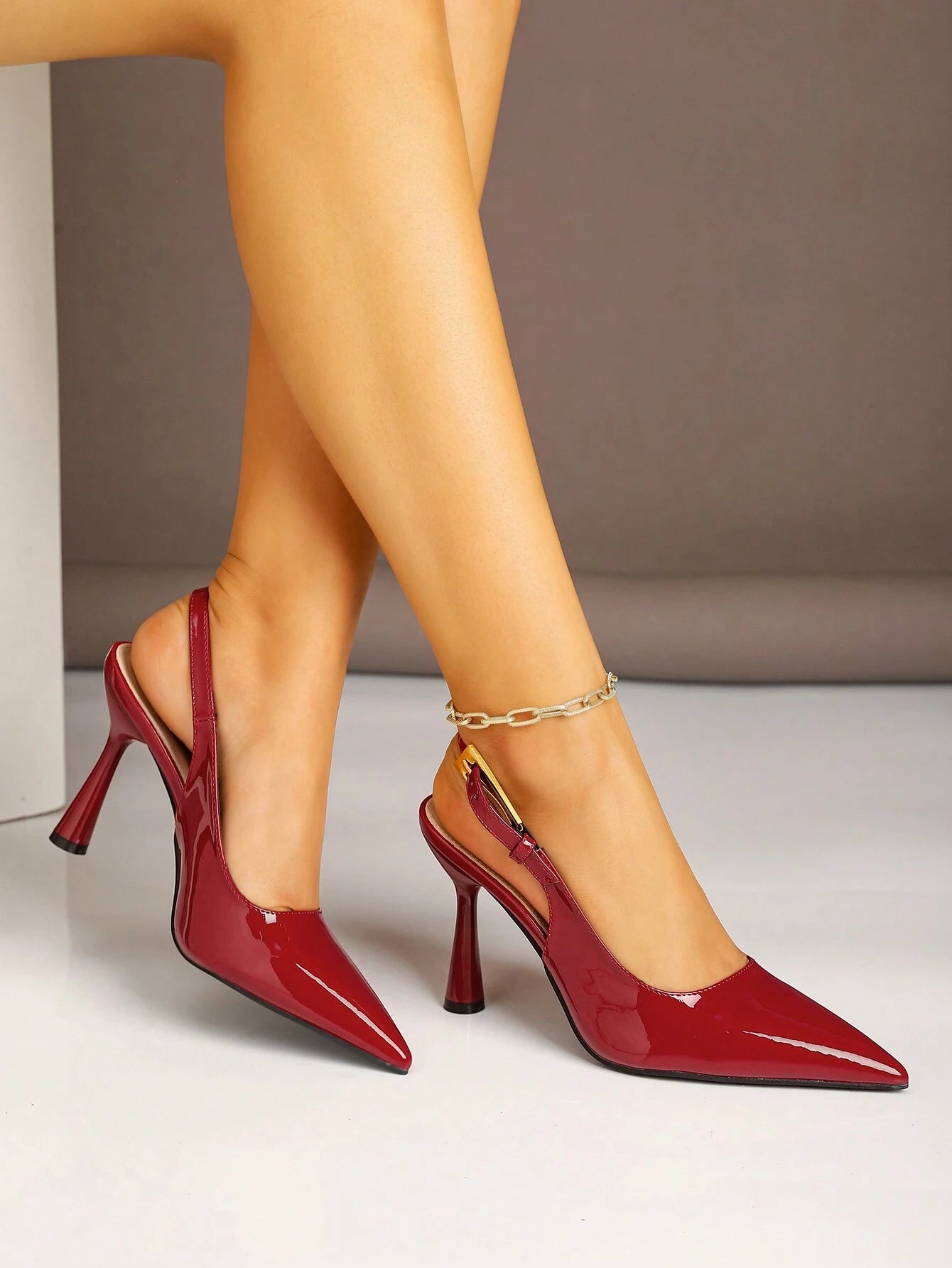 Women's Pointed Toe Fashion Button Detail Patent Leather Slip-On Heeled Pumps shein