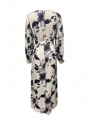 Botanical Print Lantern Sleeve Dress shein