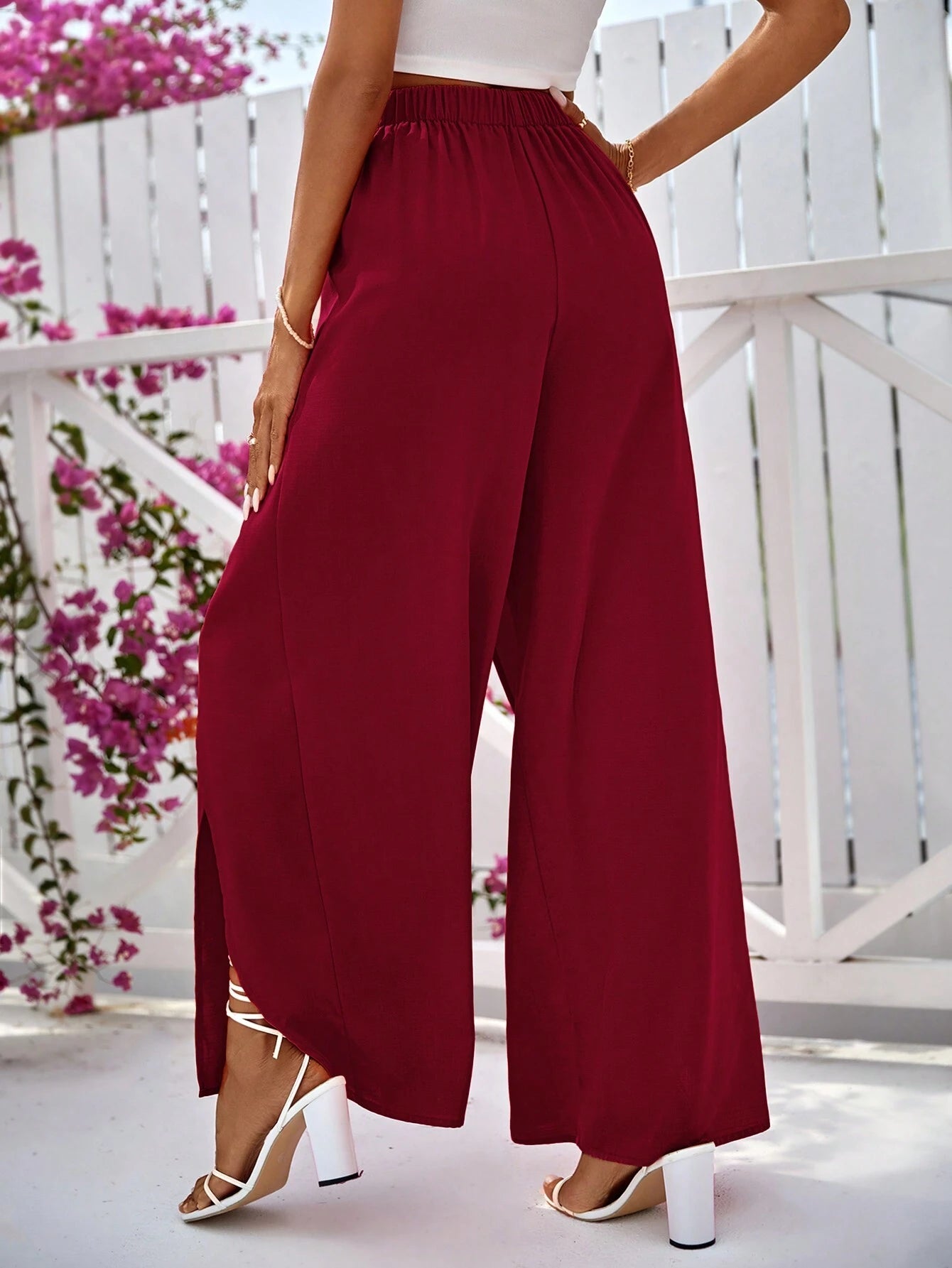 VCAY Women's Fashionable Solid Color Lightweight Double Layered Design Long Pants shein