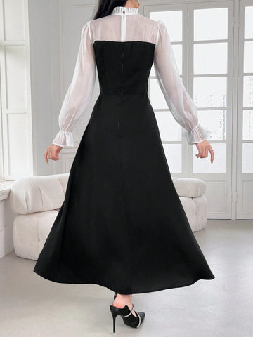 Modely Women's Elegant Ruffle Trim Color Block Tie Waist Dress With Flouncy Cuffs