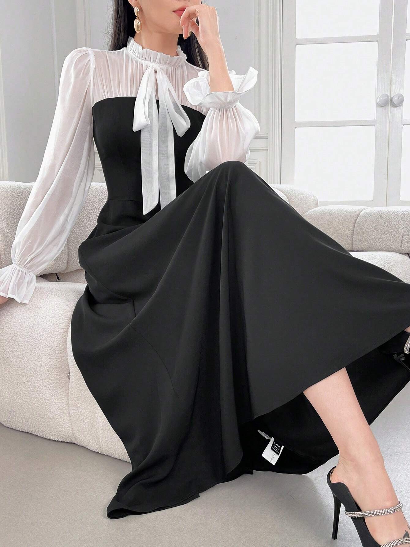 Modely Women's Elegant Ruffle Trim Color Block Tie Waist Dress With Flouncy Cuffs shein