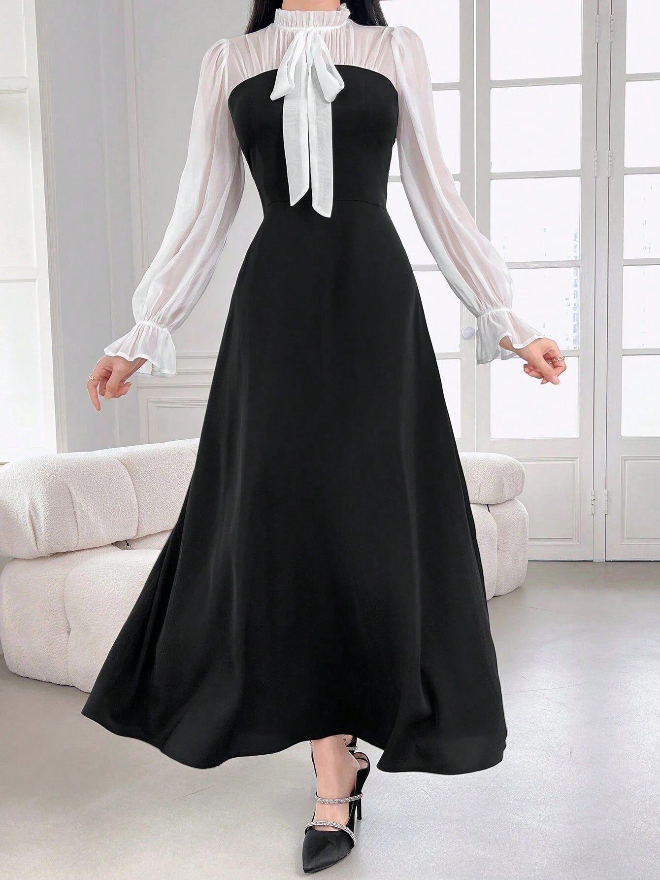 Modely Women's Elegant Ruffle Trim Color Block Tie Waist Dress With Flouncy Cuffs shein